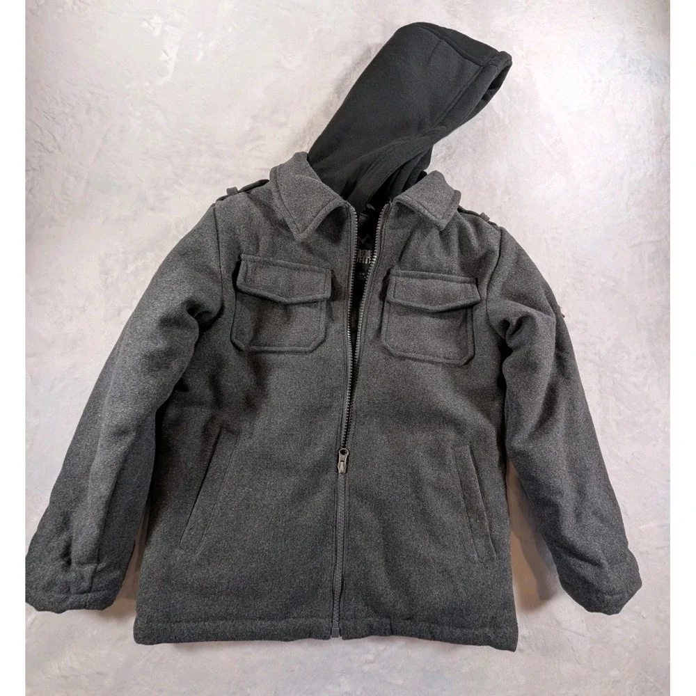 Extreme Outfitters Boys 5/6 Gray Hooded Military Field Jacket Coat ZipWool Blnd